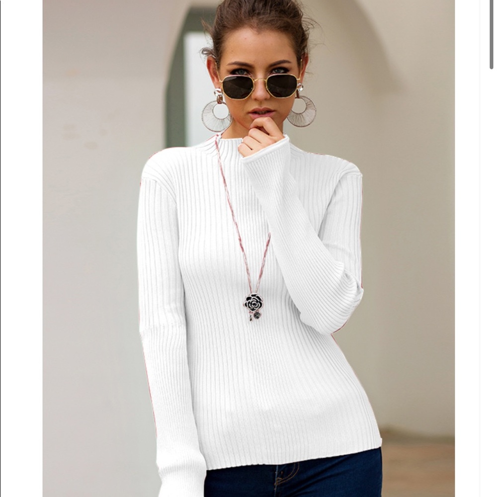 🍁 Mila Ribbed Mock Neck White Blouse - Picture 5 of 6